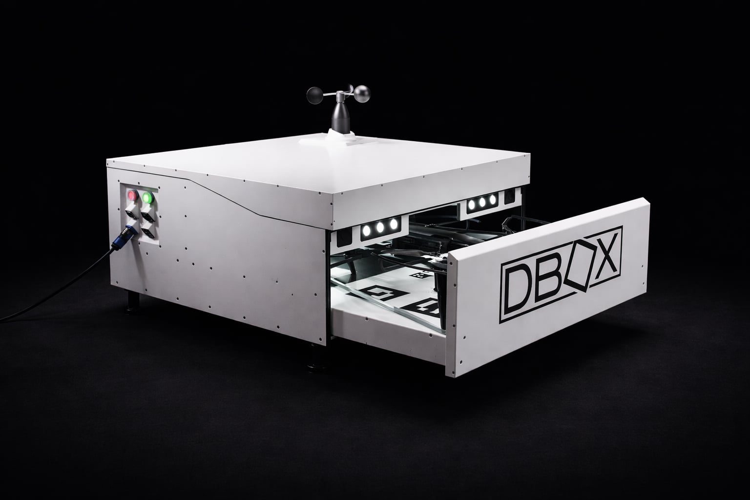 DBOX docking station with drawer open and drone inside